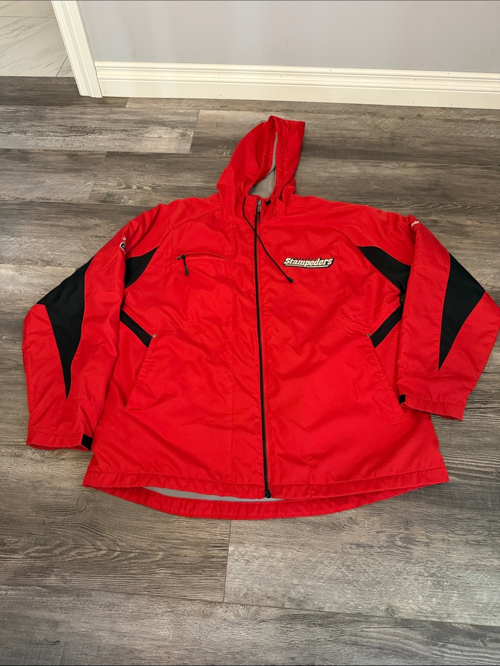 CFL Stampeders Red Hooded Raincoat Jacket with Stampeders Chest Logo